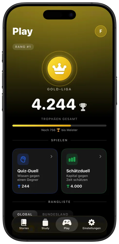 Play-Bildschirm der App: Gold-Liga mit 4.244 Trophäen, Quizduell und Schätzduell