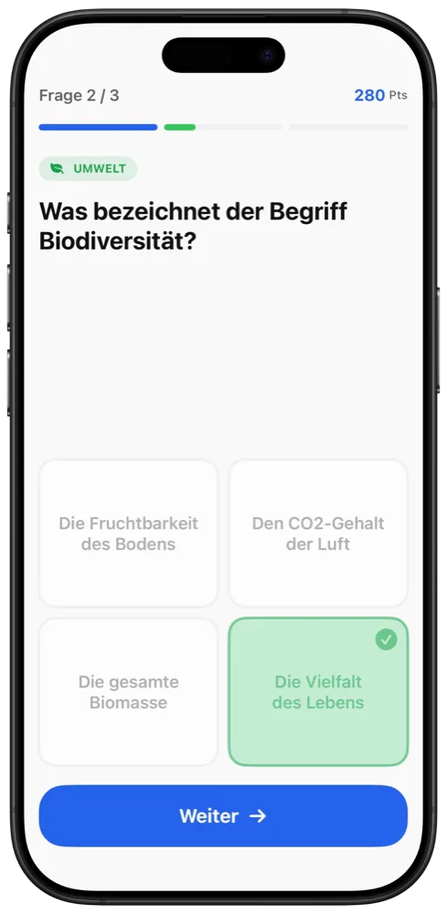 Quizduell-Frage zur Biodiversität mit korrekt markierter Antwort und Punktestand