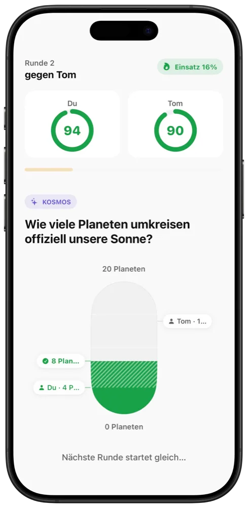 Schätzduell in der App: Schätze, wie viele Planeten die Sonne umkreisen, live gegen einen Gegner
