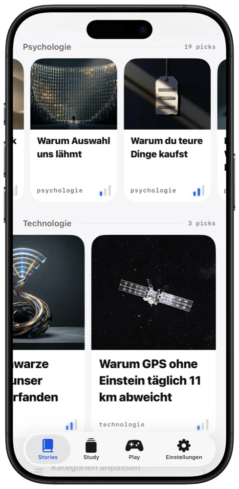 Kategorien wie Psychologie und Technologie mit mehreren Story-Vorschlägen