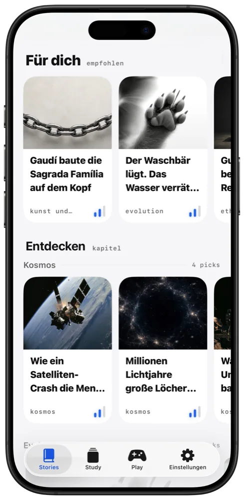 „Für dich“-Feed mit empfohlenen Stories und der Kategorie Kosmos zum Entdecken